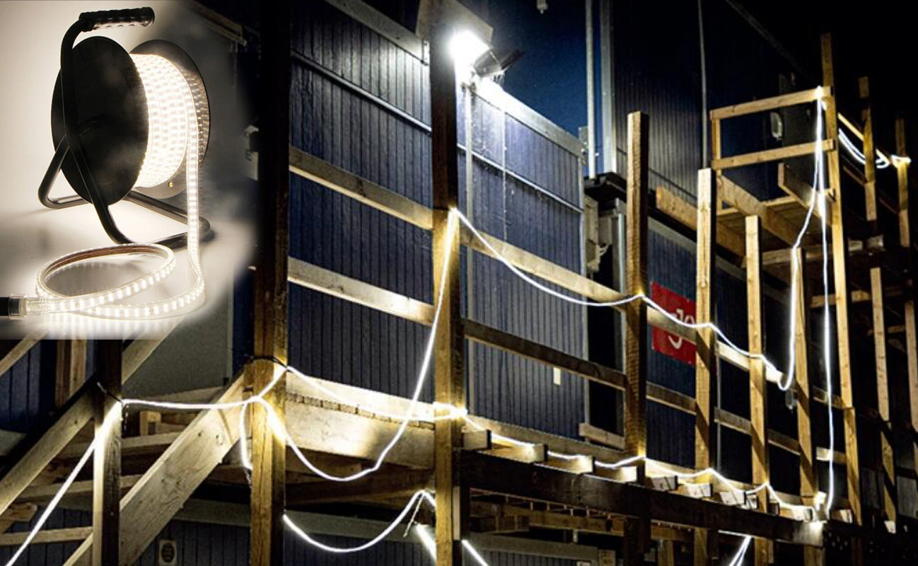 High voltage LED strip light used for construction site lighting with drum reel and long-distance outdoor illumination