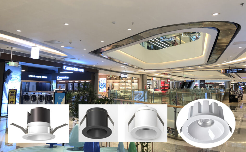 LED Downlight Fixtures in Commercial Mall Ceiling, Recessed COB and Trimless Spotlights