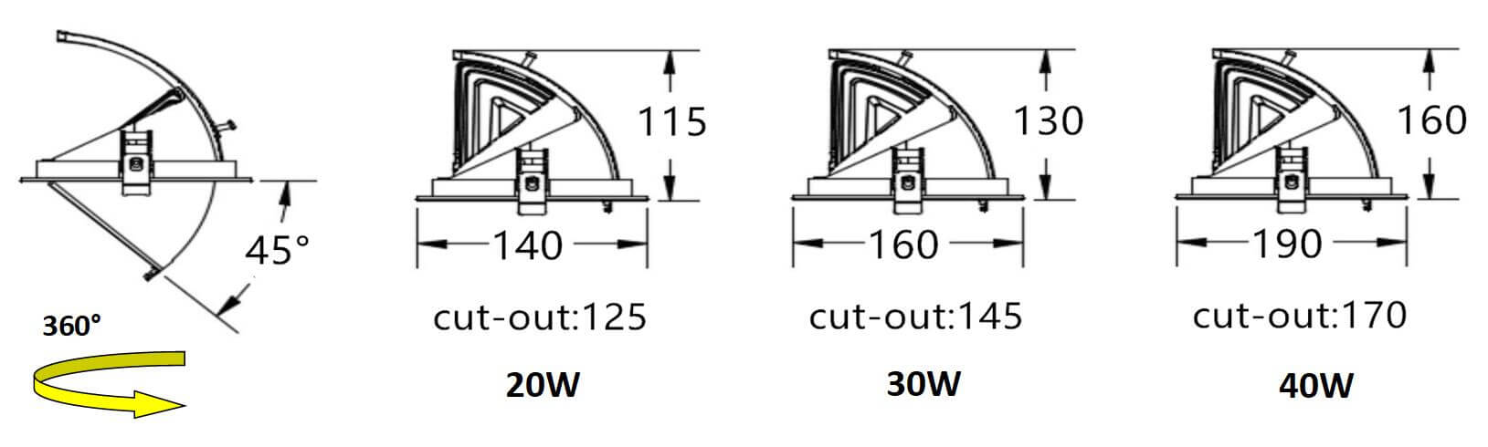 Snow Gimbal LED Downlight Dimension